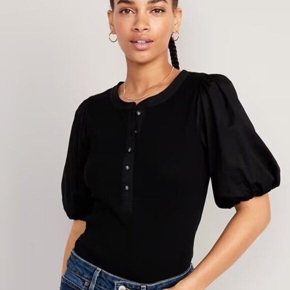 Old Navy Black Ribbed Puff Sleeve Henley Shirt Top XL‎